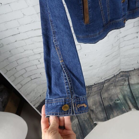 RUBY RD BLUE DENIM CROPPED JEAN JACKET WITH BROWN FAUX SUEDE DETAIL SIZE 10 - Picture 5 of 10